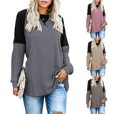 Autumn Patchwork Long Sleeved T-Shirt Fashion Loose Casual Top Women Oversized Tunic Round Neck Tee Shirt Pullovers Femme-Outfit