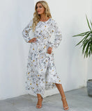 Autumn New Bohemian Floral Print Long Sleeve Waist Dress Women O Neck Loose Casual Beach Vestidos Holiday Robe Dresses-Outfit