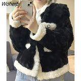 Vintage Faux Wool Jacket Women 2022 Winter Spliced Thick Loose Sweet Short Coat Female Fashion Korean Streetwear Chic Top-Outfit