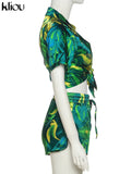 Kliou Camouflage Print Two Piece Set Women Summer Hot Beach Notched Sexy Cleavage Female Tops+Casual Lace Up Silky Skinny
