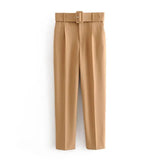 Lady Black Suit Pants with Belt Women High Waist Solid Long Trousers Fashion Pockets Pants Trousers
