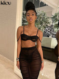 Kliou Mesh Two Piece Set Women Summer Sexy Wrapped Camisole+Bodycon See Through Pleated Skirt Maching Dress Suit Girl