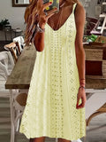 Woherb Women's Summer New Hollow Jacquard V-Collar Sling Solid Color Dress-Outfit