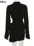 Kliou Stacked Hollow Out Mini Dress Women Fashion Stunning Long Sleeve Drawstring Undefined Skinny Skirt Attirewear Female
