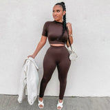 2021 Short Sleeve Solid Skinny Bodycon Tshirt Leggings 2 Piece Matching Sets Spring Summer Women Streetwear Lounge