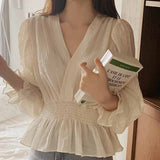 2021 Spring Sweet Shirt Elegant Korean Style Pleated Casual Lady Tops V-neck Elastic Waist Puff Sleeve Blouse Women