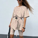 New Casual Tie Dye Women Two Piece Sets With Belt Home Loose Sports Tracksuits Fashion Leisure Bicycle Suit Summer