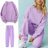 Women Solid Color O-Neck Fleece Sports Suit Winter Casual Loose Pullover Long Pants Two Piece Set Suit Female