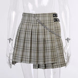 Plaid Pleated Skirt High Wais Aysmmetric Belt Casual Party Club Vintage Preppy England Mini Skirt Women Summer