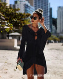 Out Knitted Cover Up Women Spring Summer Beach Sexy Loose Cover-up Solid Color Long Sleeve Fashion Casual Mini Dress-Outfit