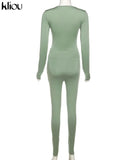 Kliou Solid Concise Two Piece Set Women Skinny Bodycon-shaping Crew Neck Bodysuit+High Waist Slim Sporty Leggings
