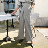 Elegant Lace-up Women Solid Suit Pants High Waist Pockets Loose Female Wide Leg Pants 2021 Summer Ladies Trousers-Outfit