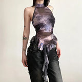 Woherb 2024 New Women's Half High Collar Flounce Sleeveless Print Mesh Slim Small Vest-Outfit