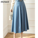 Vintage Faux PU Leather Long Skirts with Belted 2022 New High Waist Umbrella Fashion Skirts Ladies Female Autumn Winter-Outfit
