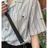 Elegant Women Blouses Women's Summer Tops 2023Striped Cuban Neck Short Sleeved Shirt for Women's Summer French Casual Shirt-Outfit