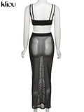 Kliou Mesh Two Piece Set Women Summer Sexy Wrapped Camisole+Bodycon See Through Pleated Skirt Maching Dress Suit Girl