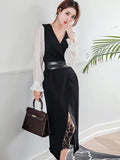 2 Pieces Outfits Elegant Women Lady Temperament Notched Neck Belt Midi Dress Robe Vestidos Sexy Sheer Lace Party Slim Set-Outfit