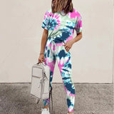 Casual Tie-dye Print 2 Piece Set O Neck Short Sleeve Tops And Drawstring Lace Up Long Pant Summer Sport Loose Female