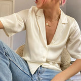 silk elegant soft blouse notched collar satin tops short sleeve summer office lady button tops 2020 fashion