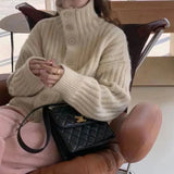 Woherb New Fashion High Collar Pit Strip Soft Waxy Long Sleeve Thick Line Knit Cardigan Female Add Thick Loose Sweater Coat Female-Outfit