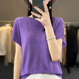Woherb Line Of Clothing Worsted Short Sleeve Female Round Collar Loose Thin Bat Sleeve Vest Shirt Hollow Out Outside The Hair-Outfit