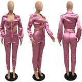 Satin Solid 2 Piece Set Fall Clothes Women Outfits Sexy Lace Up V Neck Crop Top Pants Skinny Club Party Tracksuit Women-Outfit