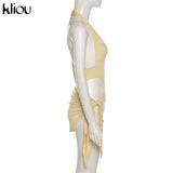 Kliou Solid Deep V sexy Two Piece Sets Midnight Club Halter Top And Skirt Backless Summer Partywear Hollow Out Ruched Women