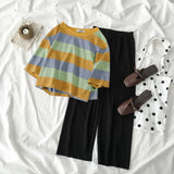 Women Sets Colorful Striped T-shirt Simple Elastic-waist Wild-leg Loose Long Trousers Student Korean Style Casual Comfortable-Outfit