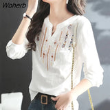 Cotton Long Sleeve Tshirt Female Spring Autumn New Fashion Casual Embroidery National Wind V-neck Blouse-Outfit
