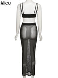 Kliou Mesh Two Piece Set Women Summer Sexy Wrapped Camisole+Bodycon See Through Pleated Skirt Maching Dress Suit Girl