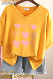 100% Cotton L-6XL T Shirt Plus Size Tshirt Short Sleeve Women Top Summer Heart Print Sweet V Neck Oversized T Shirts-Outfit