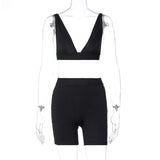 2021 Sleeve V-Neck Sexy Crop Tank Top Biker Shorts 2 Piece Set Autumn Winter Women Fashion Streetwear