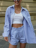 2023 Summer Women Striped 2 piece sets Suits Casual Loose Shirts Tops and Shorts Female Fashion Street Suit Clothing-Outfit