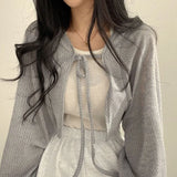 2024 Spring Thin Cropped Cardigan Women Korean Style Lace-Up Sunscreen Coat Woman Solid Color Lantern Sleeve Crop Tops-Outfit