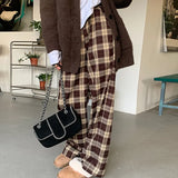Waist Women's Brown Plaid Pants Streetwear Oversize Wide Leg Checkered Trousers Woman 2024 Loose Y2K Retro Sweatpants Mujer-Outfit