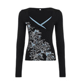 Plant Floral Print V-Neck T-Shirt 2025 Autumn Knitted Jersey New