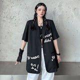 Gothic Women Thin Blazers Summer Short Sleeve Loose Button Up Black Long Jacket Streetwear Fashion Letter Print Coats