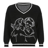 Print Y2K Loose Sweaters V-neck Warm Autumn Winter Pullovers Grunge Aesthetic Cute Casual Tops Streetwear