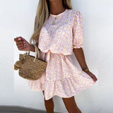 Sexy O Neck Ruffle A-Line Party Dress Spring Elastic Waist Office Lady Mini Dress Summer Short Sleeve Floral Print