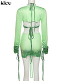 Kliou Hipster Y2K Two Piece Set Women Skirt Undefined Lengthen Ribbons Sexy Cleavage Top+Tie Dye Cut Out Slim Female