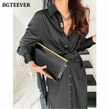 Elegant Single-breasted Women Solid Dress 2021 Autumn Lapel Full Sleeve Cross Waist Ladies Split Vestidos Female Dress-Outfit