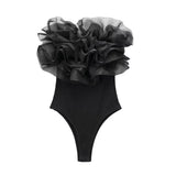 Women Fashion With Organza Ruffle Rib Knit Bodysuits Vintage Straight Neck Exposed Shoulders Female Playsuits Mujer-Outfit