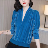 Winter Velvet V-neck Oversized Solid Pullovers Ladies Casual Fashion Simple Top Women Long Sleeve All-match Jumper Coat-Outfit