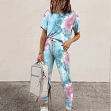 Casual Tie-dye Print 2 Piece Set O Neck Short Sleeve Tops And Drawstring Lace Up Long Pant Summer Sport Loose Female