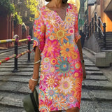 Women Dress Summer Vintage Print V-Neck Half Sleeve A-Line Dress Sundress 2021 Fashion Female Loose Dresses