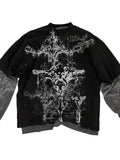 New Street Trendy Skull Graffiti Print T-Shirt Fake Two-Piece Casual Long-Sleeved