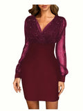 Woherb Women's New Mesh Patchwork Sexy Vintage Elegant V-Neck Party Club Dress-Outfit