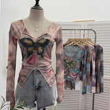 Shooting Amount Of Bumpy Tulle Spliced Denim Butterfly Design Sunscreen Coat V Collar Short T-Shirt
