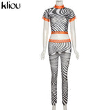 Kliou Sexy Mesh Two Piece Set Women SeeThrough Midnight Style Striped Color Blocking Top+Letter Print High Stretchy