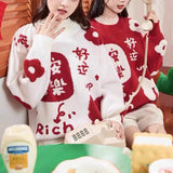 Woherb Waxy This Year Thick Sweater Female 2024 Dragon Autumn Winter Festival Red Loose New Year Sweater Jacket-Outfit